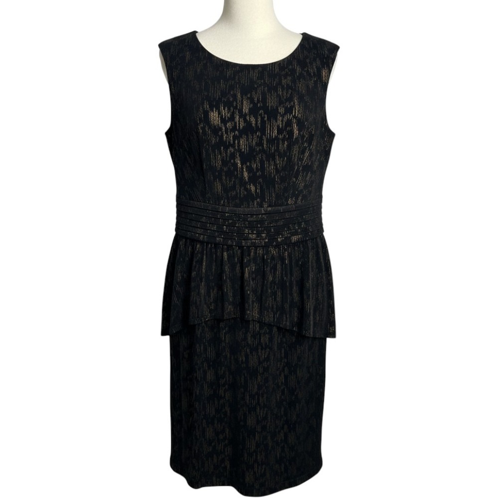 AGB Dress Black Gold Metallic Peplum Sleeveless Cocktail Sheath Dress 6 Art Deco